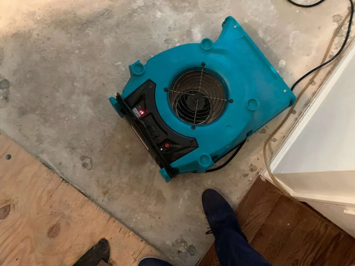 Air mover drying subfloor during Commercial Water Damage Restoration in Plainview